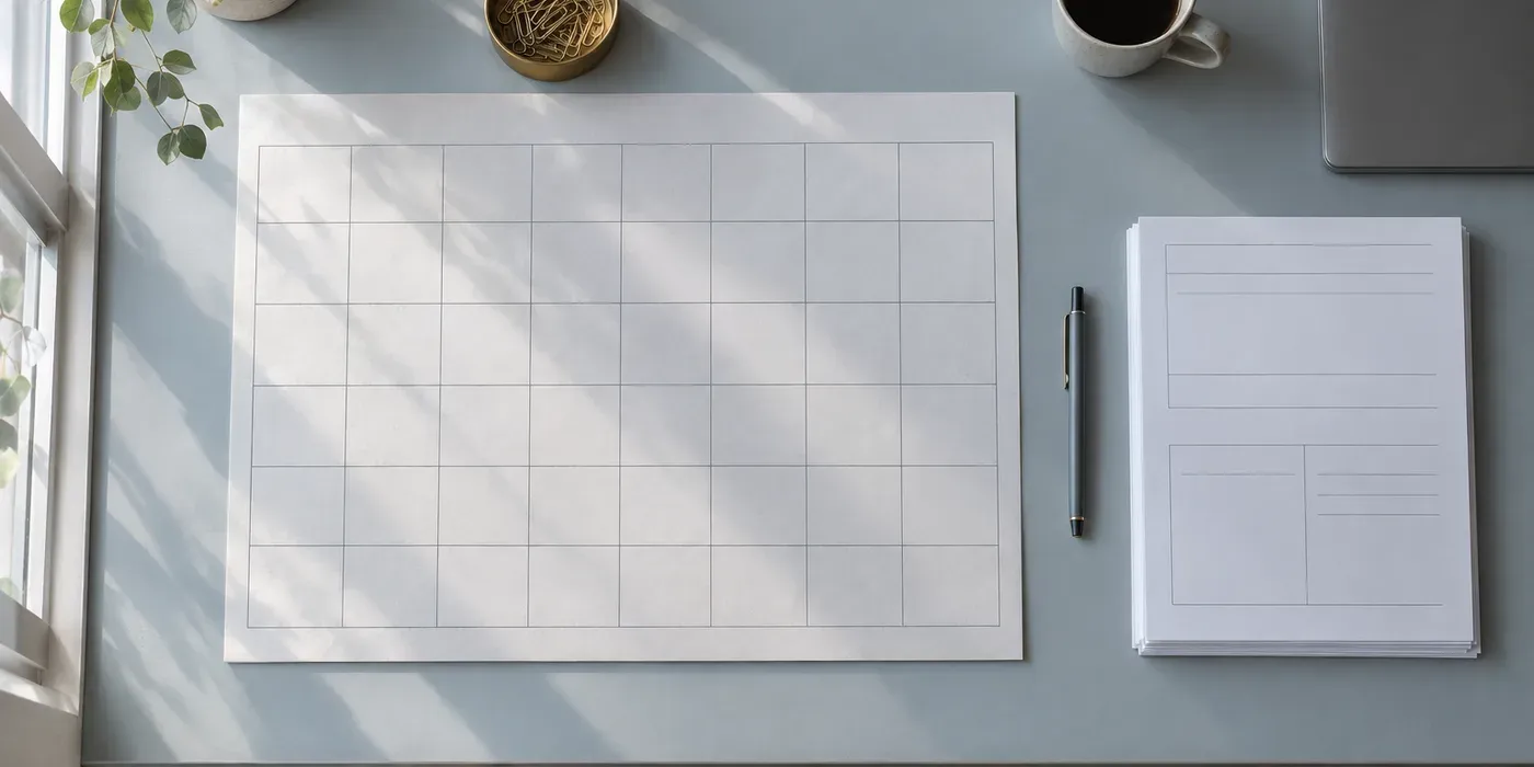 An overhead view of a teacher’s planning desk: a large blank paper wall-planner grid, a squared stack of printed pages, a pen, a brass clip holder and a mug, in cool morning light.